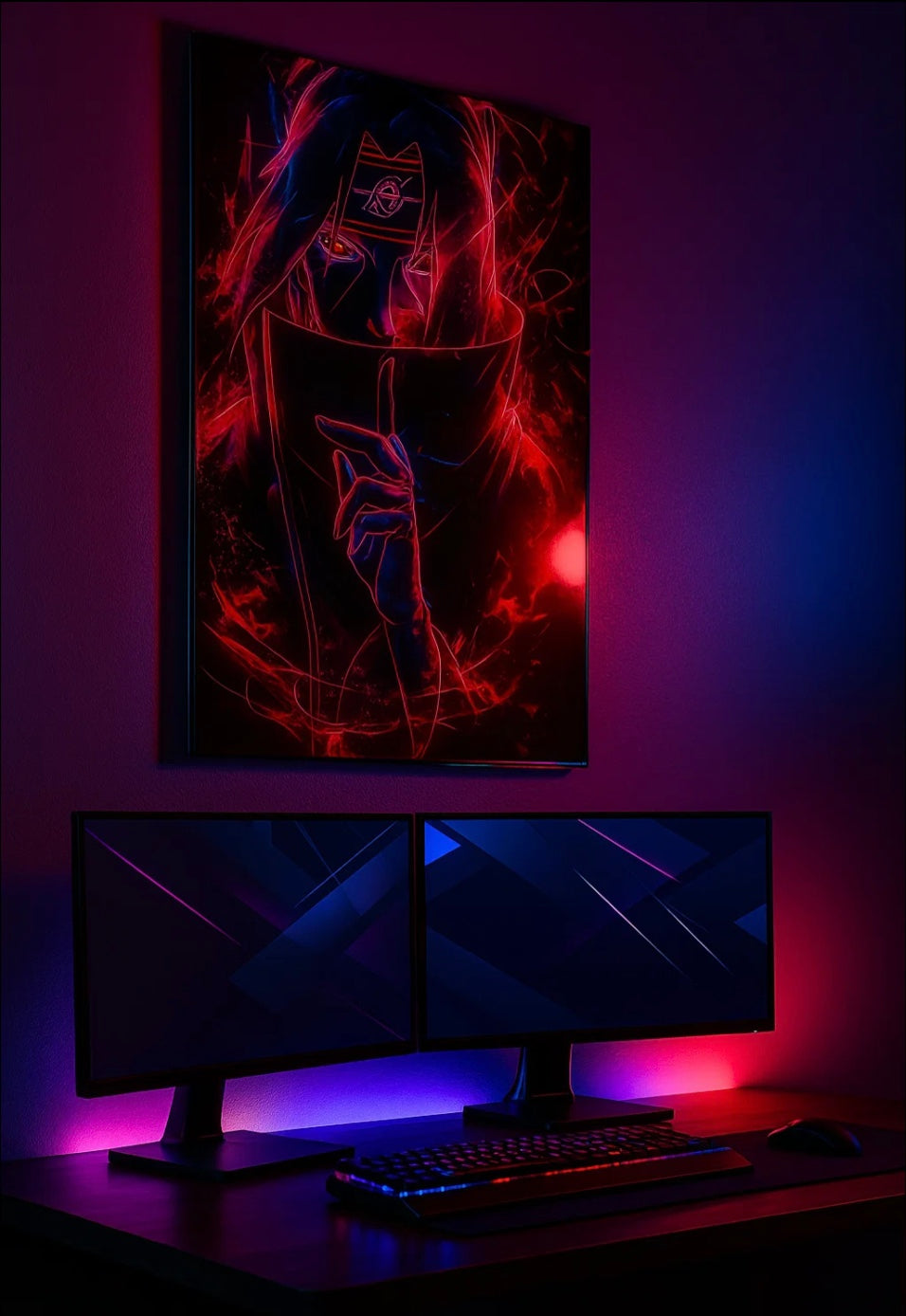 Gaming setup with a monitor, keyboard, and colorful wall art in a dimly lit room.