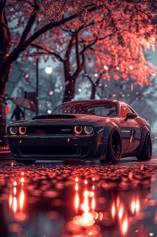 Red Sports Car Sakura Night Art